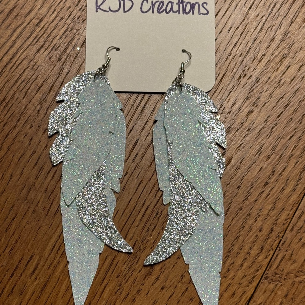 Silver Glitter Feather Earrings